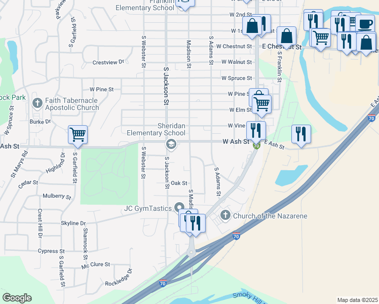 map of restaurants, bars, coffee shops, grocery stores, and more near 820 South Madison Street in Junction City