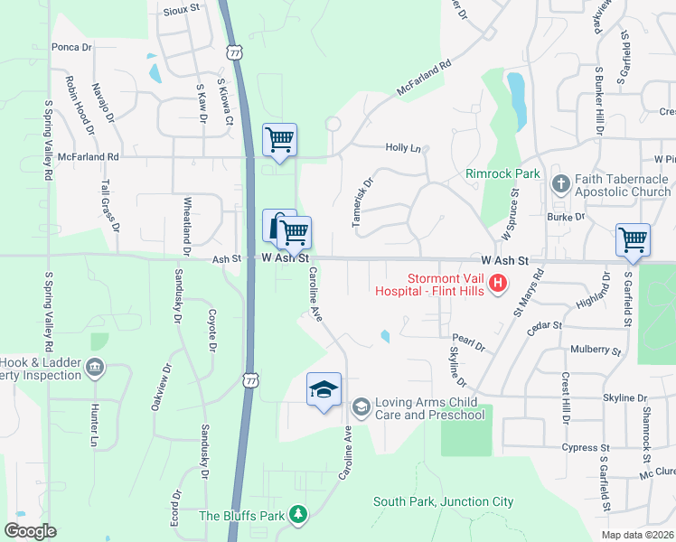 map of restaurants, bars, coffee shops, grocery stores, and more near 1617 West Ash Street in Junction City