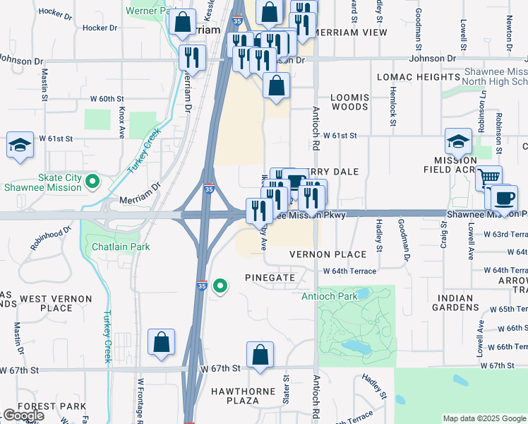 map of restaurants, bars, coffee shops, grocery stores, and more near 7200 Eby Avenue in Merriam