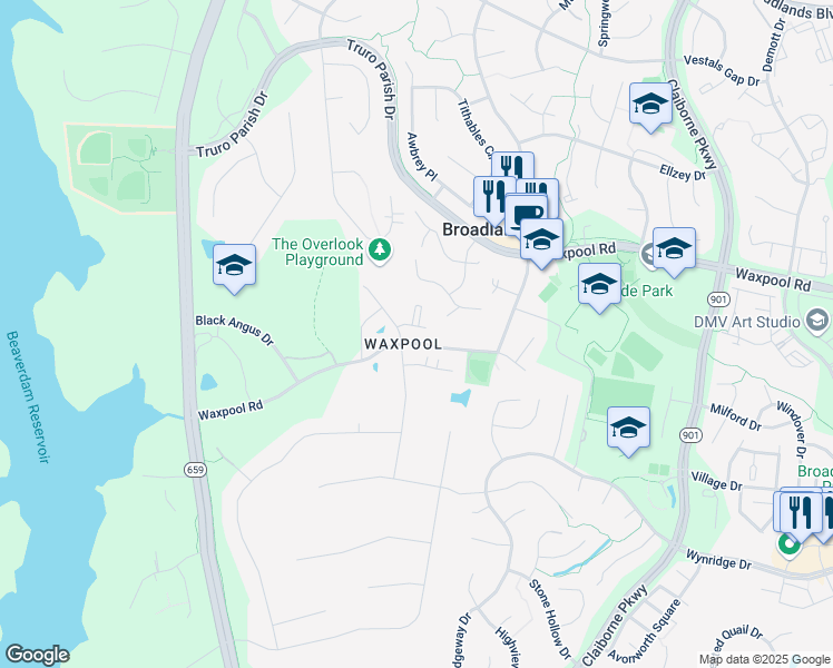map of restaurants, bars, coffee shops, grocery stores, and more near 42776 Virginia 625 in Ashburn