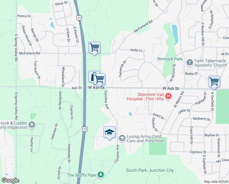 map of restaurants, bars, coffee shops, grocery stores, and more near 1617 West Ash Street in Junction City