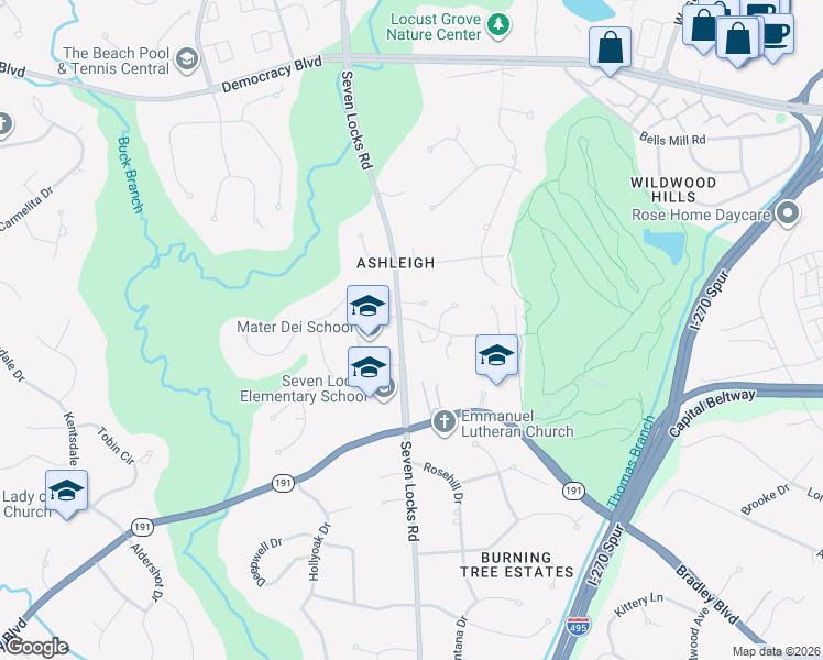 map of restaurants, bars, coffee shops, grocery stores, and more near 9704 Grenadier Ct in Bethesda