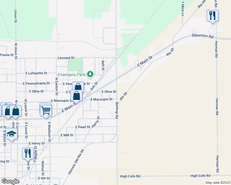 map of restaurants, bars, coffee shops, grocery stores, and more near 1230 East Olive Street in Staunton