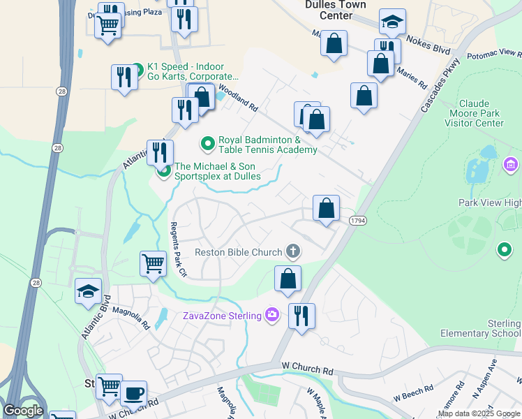 map of restaurants, bars, coffee shops, grocery stores, and more near 21724 Indian Summer Terrace in Sterling