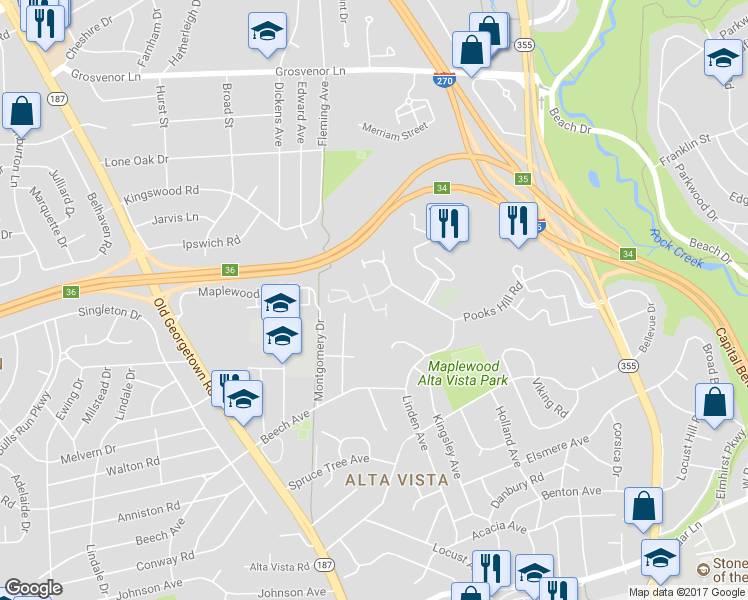 map of restaurants, bars, coffee shops, grocery stores, and more near 9725 Whitley Park Place in Bethesda