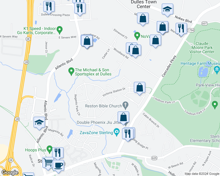 map of restaurants, bars, coffee shops, grocery stores, and more near 21727 Indian Summer Terrace in Sterling