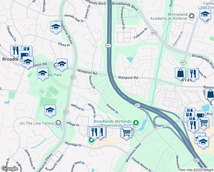 map of restaurants, bars, coffee shops, grocery stores, and more near 43497 Farringdon Square in Ashburn