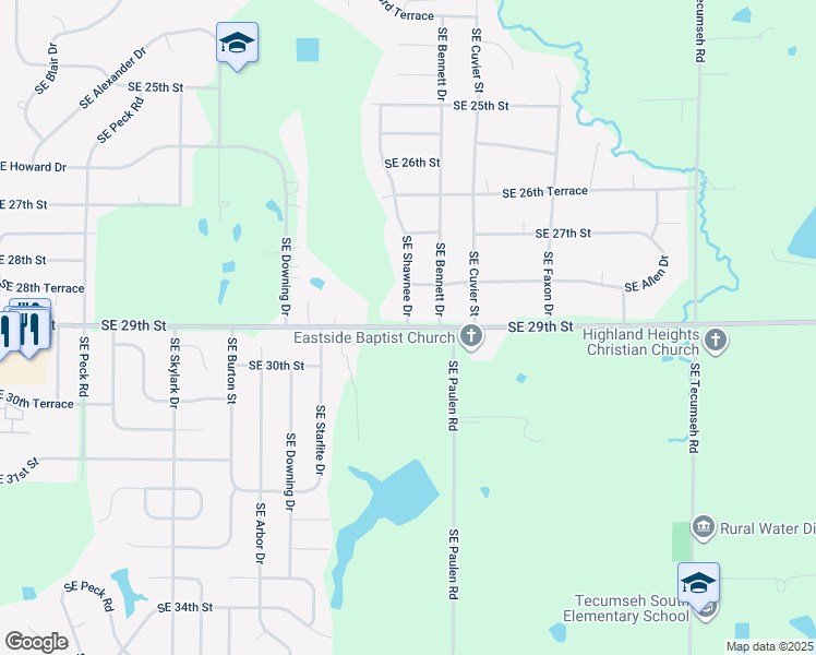 map of restaurants, bars, coffee shops, grocery stores, and more near 4191 Southeast 29th Street in Topeka