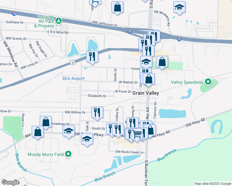 map of restaurants, bars, coffee shops, grocery stores, and more near 401 Front Street in Grain Valley