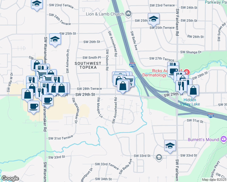 map of restaurants, bars, coffee shops, grocery stores, and more near 2829 Southwest Arrowhead Road in Topeka
