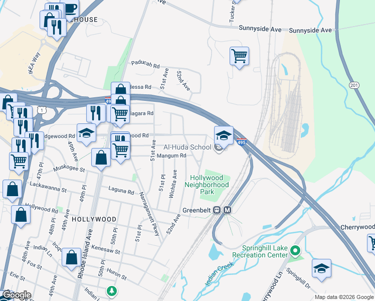 map of restaurants, bars, coffee shops, grocery stores, and more near 9802 52nd Place in College Park