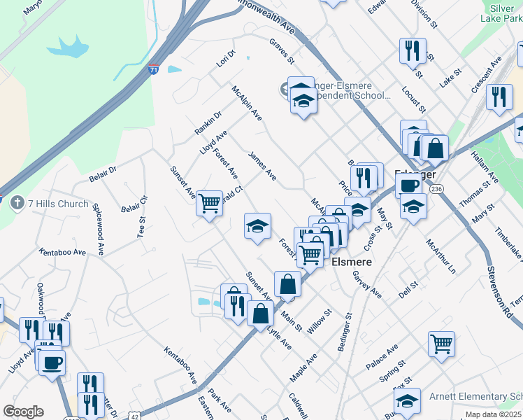 map of restaurants, bars, coffee shops, grocery stores, and more near 306 Forest Avenue in Erlanger