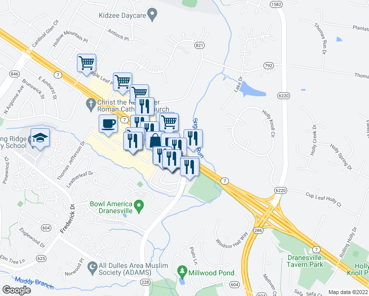 map of restaurants, bars, coffee shops, grocery stores, and more near 47060 Harry Byrd Highway in Sterling
