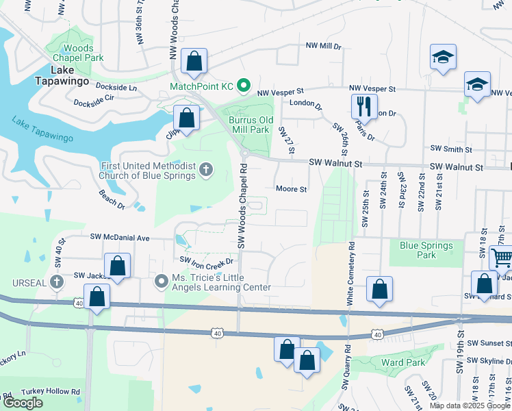 map of restaurants, bars, coffee shops, grocery stores, and more near 420 Southwest Woods Chapel Road in Blue Springs