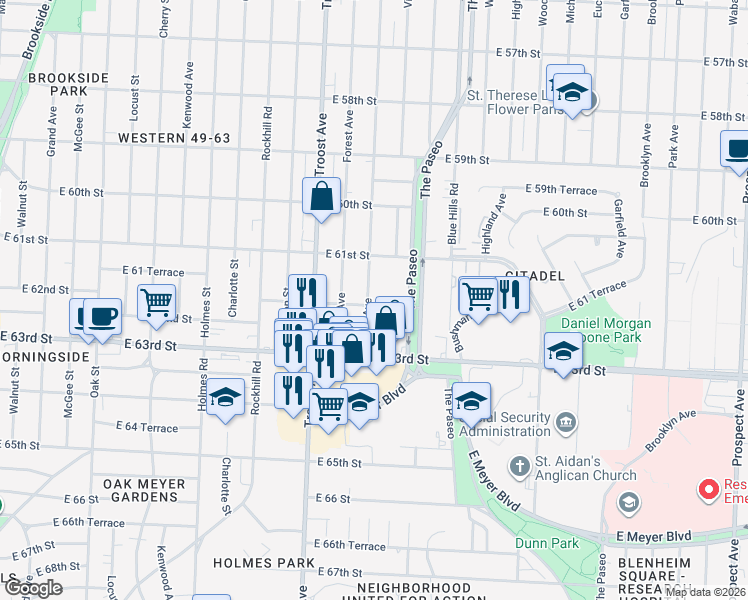 map of restaurants, bars, coffee shops, grocery stores, and more near 1300 East 62nd Street in Kansas City
