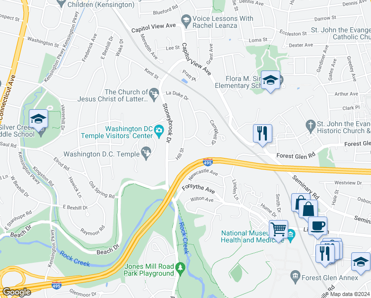 map of restaurants, bars, coffee shops, grocery stores, and more near 9713 Hill Street in Kensington