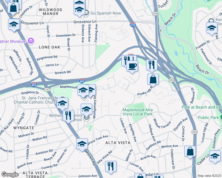 map of restaurants, bars, coffee shops, grocery stores, and more near 9725 Whitley Park Place in Bethesda