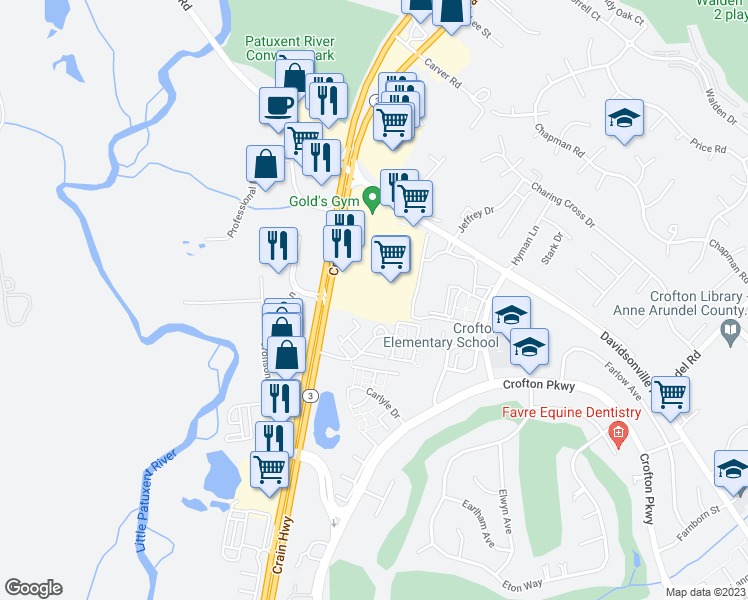 map of restaurants, bars, coffee shops, grocery stores, and more near 1659 Crofton Center in Crofton