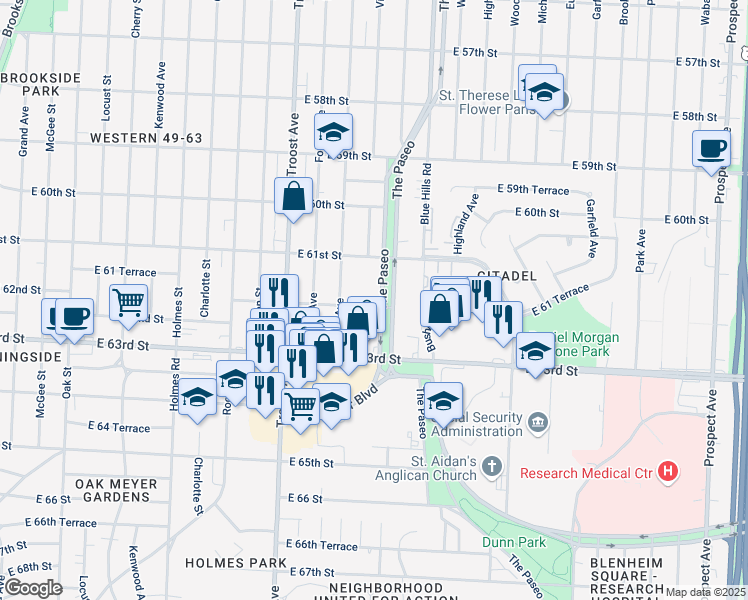 map of restaurants, bars, coffee shops, grocery stores, and more near 6140 The Paseo in Kansas City