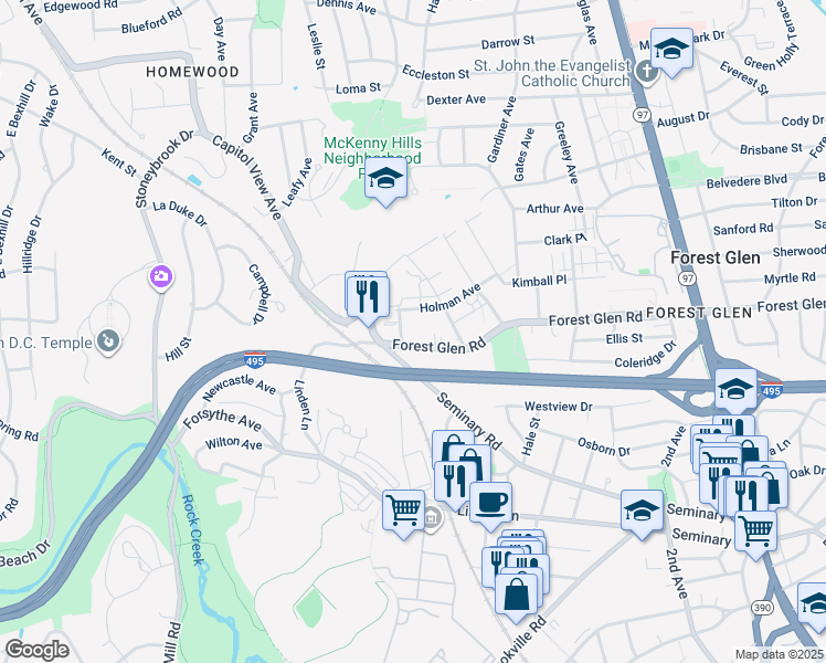 map of restaurants, bars, coffee shops, grocery stores, and more near 9705 Glen Avenue in Silver Spring