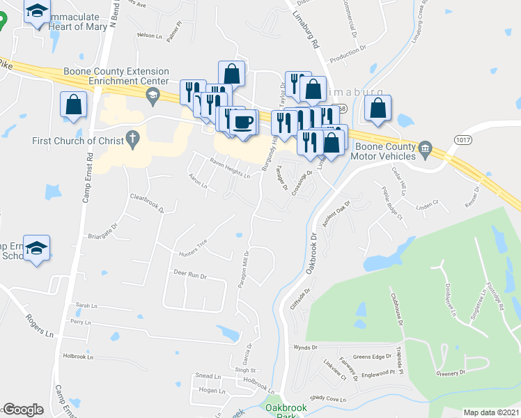 map of restaurants, bars, coffee shops, grocery stores, and more near 1853 Bordeaux Boulevard in Burlington