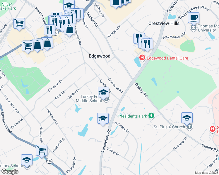 map of restaurants, bars, coffee shops, grocery stores, and more near 126 Lyndale Rd in Edgewood