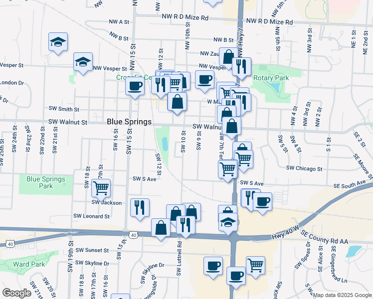 map of restaurants, bars, coffee shops, grocery stores, and more near 402 Southwest 10th Street in Blue Springs