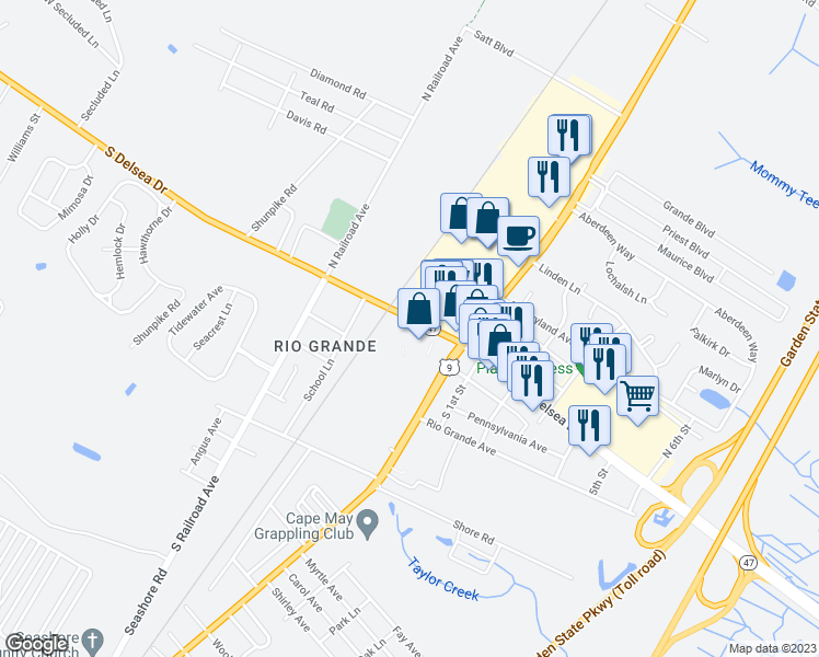 map of restaurants, bars, coffee shops, grocery stores, and more near 1121 New Jersey 47 in Rio Grande