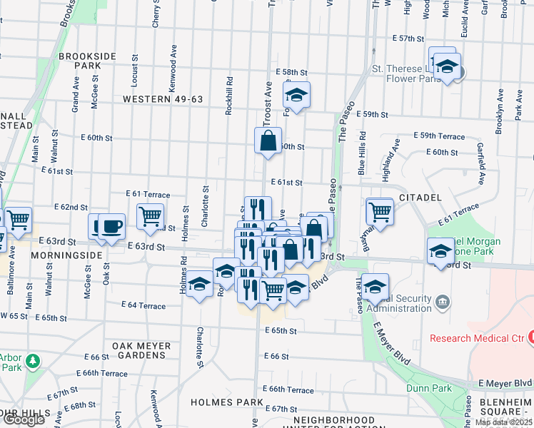 map of restaurants, bars, coffee shops, grocery stores, and more near 6200 Forest Avenue in Kansas City