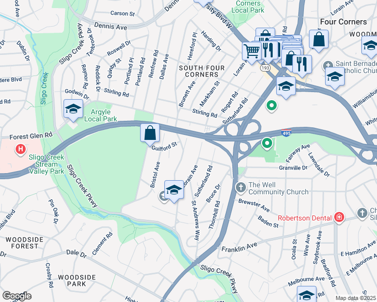 map of restaurants, bars, coffee shops, grocery stores, and more near 9701 Brunett Avenue in Silver Spring