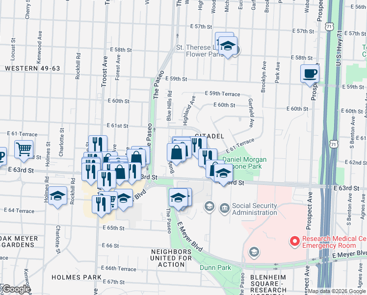 map of restaurants, bars, coffee shops, grocery stores, and more near 1618 Bushman Drive in Kansas City