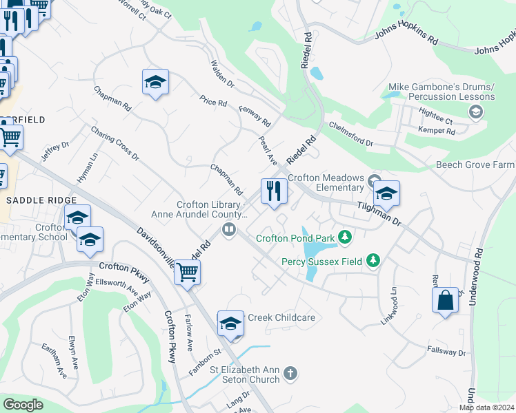 map of restaurants, bars, coffee shops, grocery stores, and more near 1606 West Bancroft Lane in Crofton