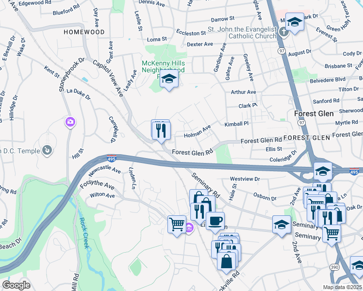 map of restaurants, bars, coffee shops, grocery stores, and more near 9705 Glen Avenue in Silver Spring