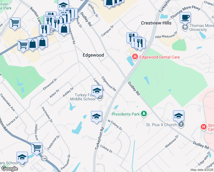 map of restaurants, bars, coffee shops, grocery stores, and more near 126 Lyndale Road in Edgewood