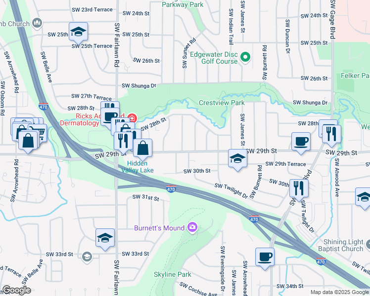 map of restaurants, bars, coffee shops, grocery stores, and more near 2844 Southwest Sunset Road in Topeka