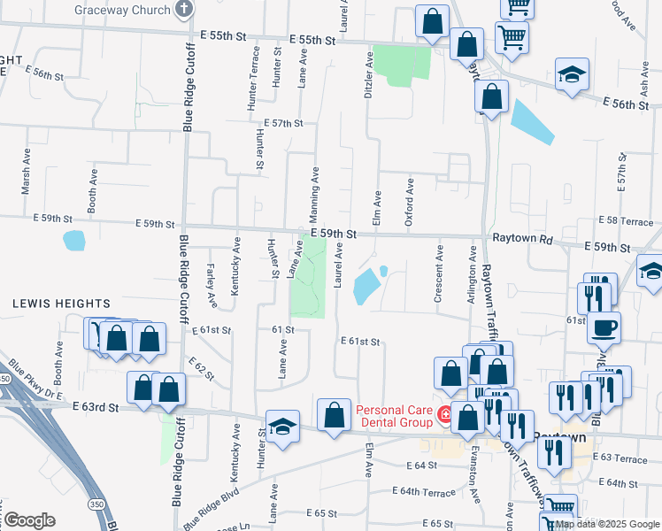 map of restaurants, bars, coffee shops, grocery stores, and more near 5928 Laurel Ave in Raytown