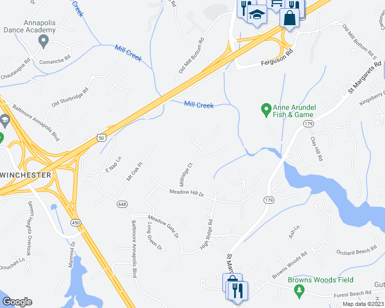 map of restaurants, bars, coffee shops, grocery stores, and more near 1809 Millridge Court in Annapolis