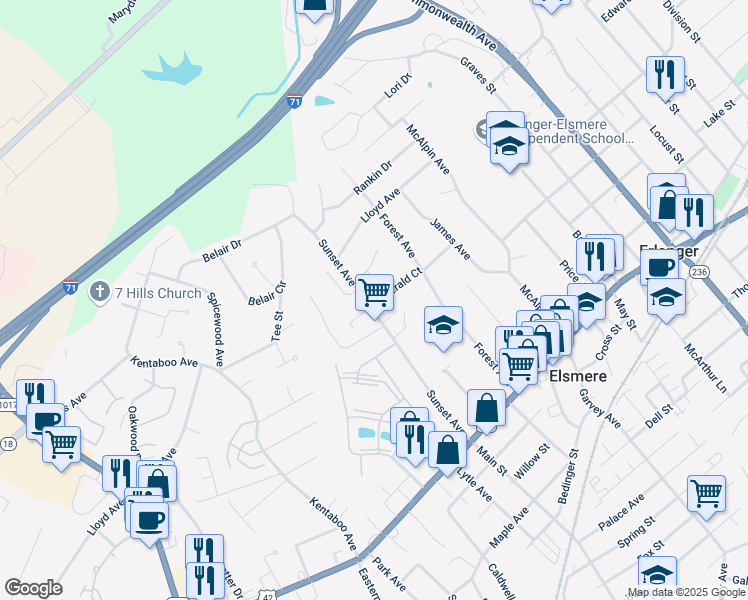 map of restaurants, bars, coffee shops, grocery stores, and more near 410 Sunset Avenue in Erlanger