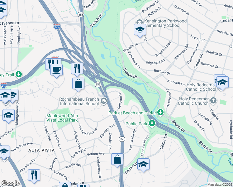 map of restaurants, bars, coffee shops, grocery stores, and more near 9702 Bellevue Drive in Bethesda