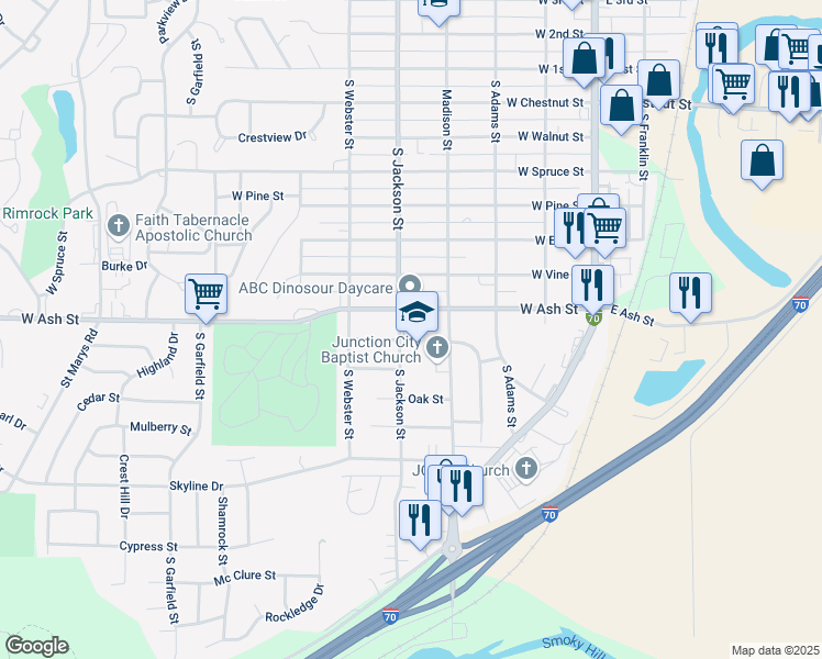 map of restaurants, bars, coffee shops, grocery stores, and more near 429 West Ash Street in Junction City