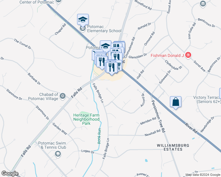map of restaurants, bars, coffee shops, grocery stores, and more near 9713 Brimfield Court in Potomac