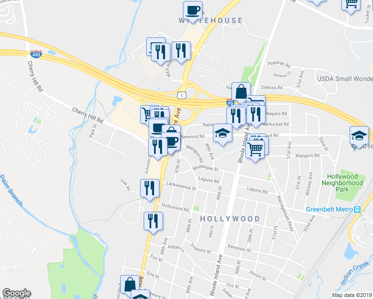 map of restaurants, bars, coffee shops, grocery stores, and more near 4703 Mangum Road in College Park