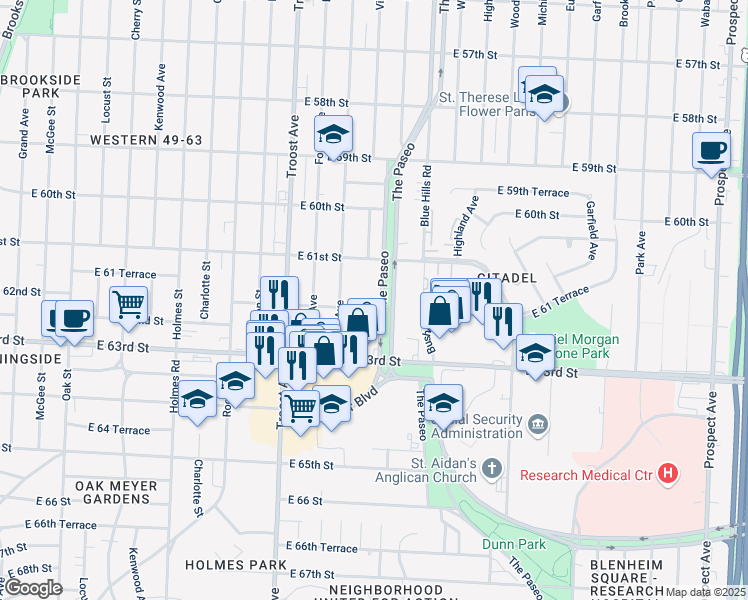 map of restaurants, bars, coffee shops, grocery stores, and more near 6140 The Paseo in Kansas City