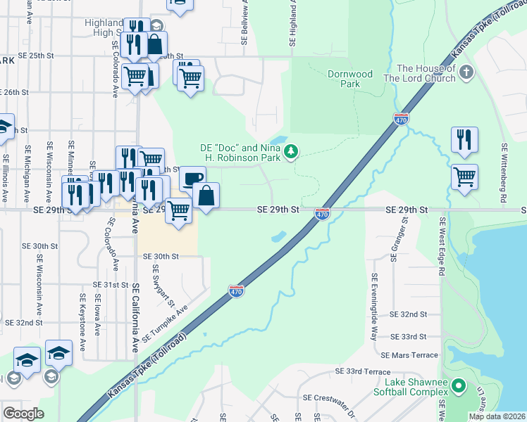 map of restaurants, bars, coffee shops, grocery stores, and more near in Topeka