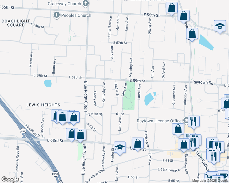 map of restaurants, bars, coffee shops, grocery stores, and more near 8959 East 59 Terrace in Raytown