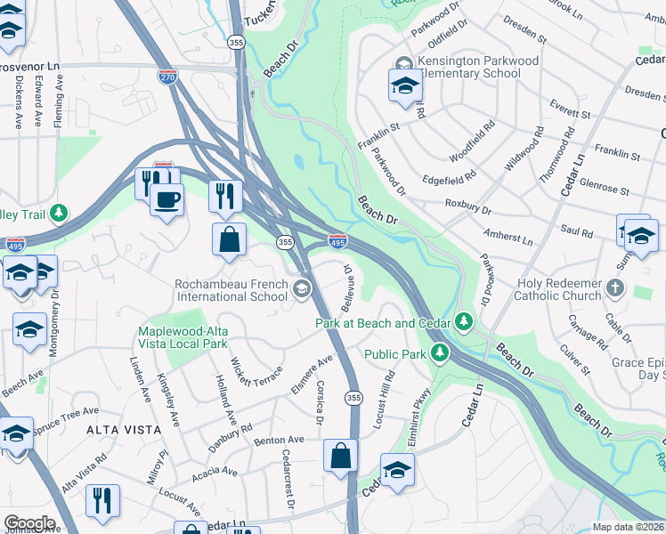 map of restaurants, bars, coffee shops, grocery stores, and more near 9704 Bellevue Drive in Bethesda