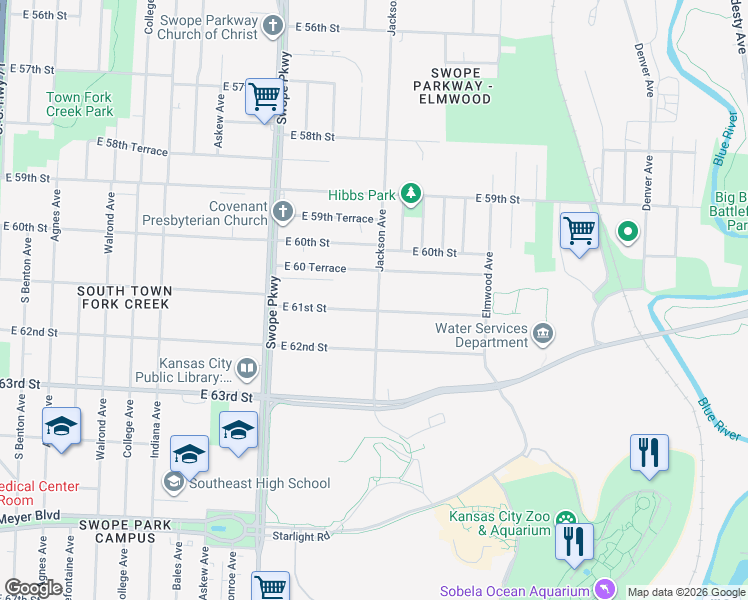 map of restaurants, bars, coffee shops, grocery stores, and more near 3892 East 61st Street in Kansas City