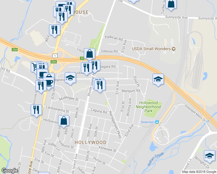 map of restaurants, bars, coffee shops, grocery stores, and more near 5017 Mineola Road in College Park