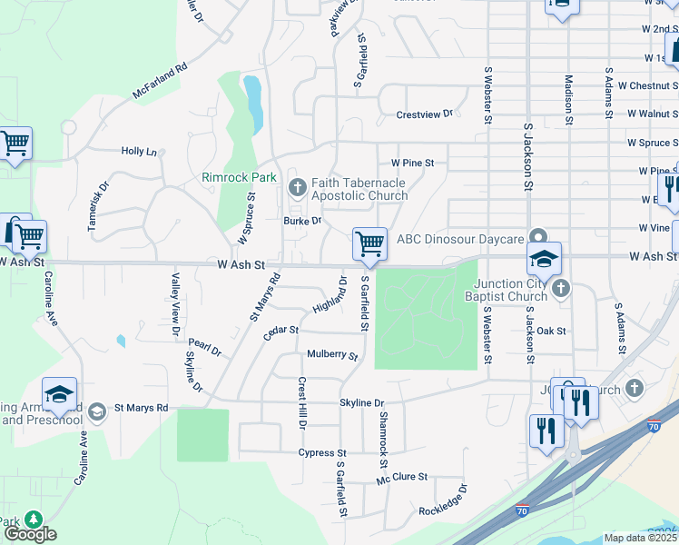 map of restaurants, bars, coffee shops, grocery stores, and more near 902 Highland Drive in Junction City