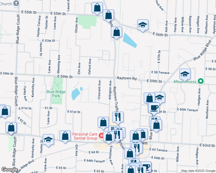 map of restaurants, bars, coffee shops, grocery stores, and more near 5920 Arlington Avenue in Raytown